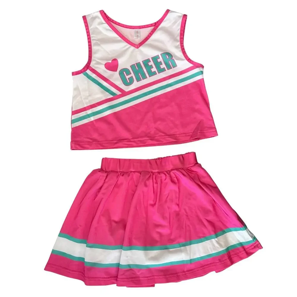 2/$15 Girls 2-Piece Cheerleader Costume Outfit Pink Cheer Halloween Size 7-8